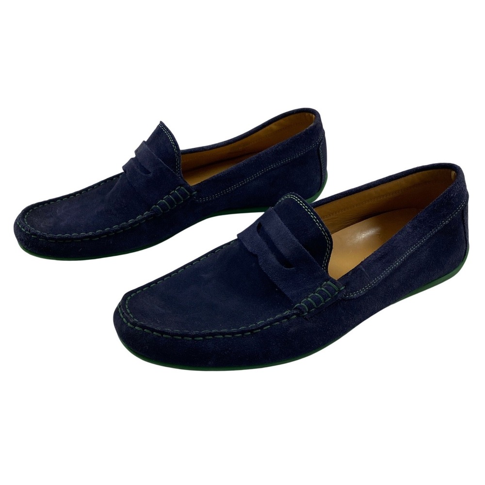 Austen Heller Mens Navy Blue Suede Penny Loafers Green Sole Driving Mocs Size 10 - Picture 2 of 8